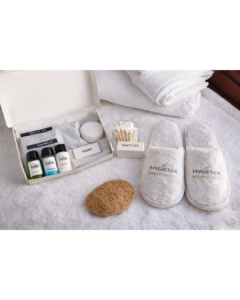 Luxury hotel amenities kit with Ayurvedic toiletries, dental kit, shaving kit, vanity kit, slippers and hygiene essentials