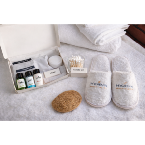 Luxury hotel amenities kit with Ayurvedic toiletries, dental kit, shaving kit, vanity kit, slippers and hygiene essentials