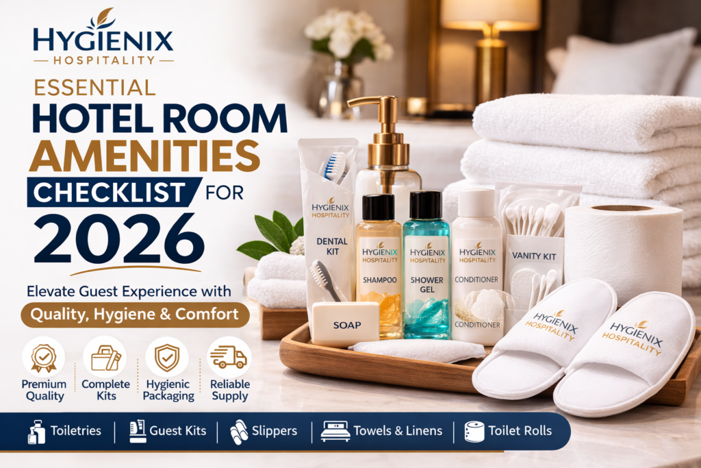 Essential hotel room amenities checklist with toiletries, guest kits, towels, slippers, and bathroom toilet rolls by Hygienix Hospitality.