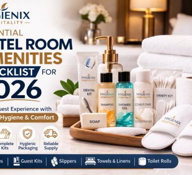 Essential hotel room amenities checklist with toiletries, guest kits, towels, slippers, and bathroom toilet rolls by Hygienix Hospitality.