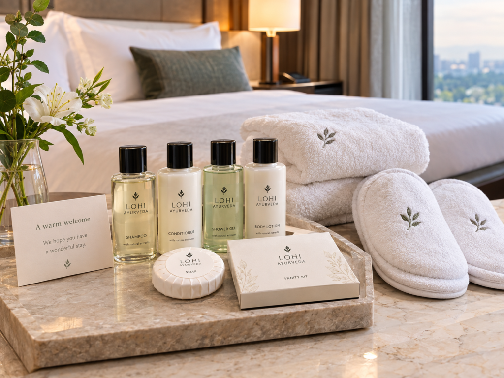 Flat lay collection of luxury hotel room guest amenities including slippers, plush towels, and branded stationery.