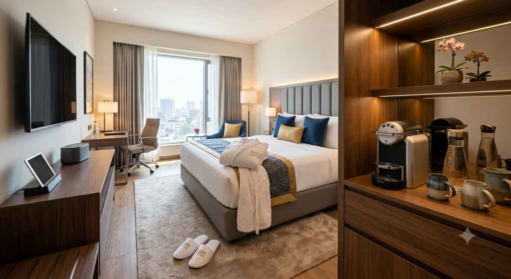 Modern luxury hotel suite featuring a king-size bed, smart TV console, espresso coffee machine station, and large city view window